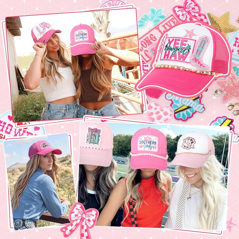 Meneng Women Trucker Hat Bulk: Western Adjustable Snapback Caps - Cowgirl DIY Hat Kit with Chains & Embroidered Patches - Image 2